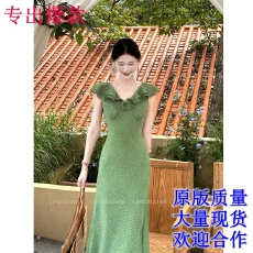 批发凌茜恣禾 南法蔷薇'法式绿色碎花荷叶边连衣裙女夏季V领收腰长裙