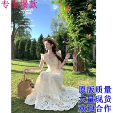 批发Acaine 罗马花园 度假风蕾丝V领刺绣连衣裙
