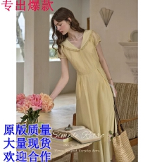 批发SimpleRetro 黄色连衣裙法式漂亮肌理翻领泡泡袖简单大方连衣裙女