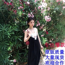 批发杨超越同款度假风仙女裙长裙法式复古蕾丝拼接系带压褶吊带连衣裙
