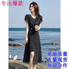批发含裙帘A字裙26夏季优雅荷叶边碎花波点短袖<b class='q'>两件套连衣裙</b>