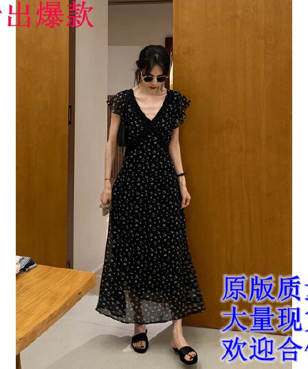 brivin 프랑스식 검정색 질감 레이스 꽃무늬 여성 드레스 아모이 자이언트 잘 생긴 V넥 허리 수축 슬림해 보이는 롱 스커트