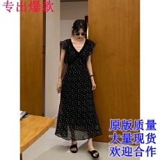 批发BRIVIN法式黑色肌理蕾丝碎花连衣裙女夏新巨好看V领收腰显瘦<b class='q'>长裙</b>