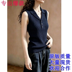 批发韩系通勤风Polo领针织背心大码胖MM女无袖坑条<b class='q'>时尚</b>极简风休闲上衣