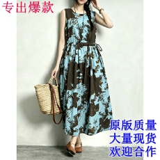 批发文艺森女26年夏季民族风<b class='q'>印花</b>圆领无袖抽绳显瘦<b class='q'>连衣裙</b>女高级感
