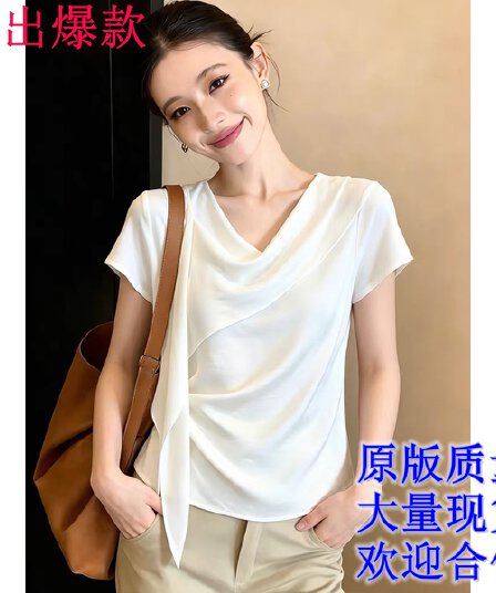 있음 선적 부드러운 바람 화이트 흔들다 칼라 주름 반팔 여성 셔츠 2026 새로운 여름 몸매 가꾸기 슬림해 보이는 캐주얼