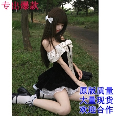 批发甜美蝴蝶结波点一字肩<b class='q'>连衣裙</b>女夏独特漂亮网纱拼接收腰蓬蓬小黑裙