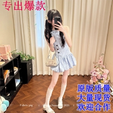 批发织物猪 冰蓝奶絮 韩系甜美<b class='q'>蓝色</b>格纹无袖<b class='q'>连衣裙</b>女夏气质花苞短裙