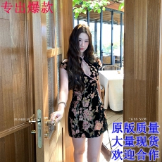 批发花花媛 洛神赋 黑色丝绒烧花修身短<b class='q'>旗袍</b>夏改良新中式国风<b class='q'>连衣裙</b>