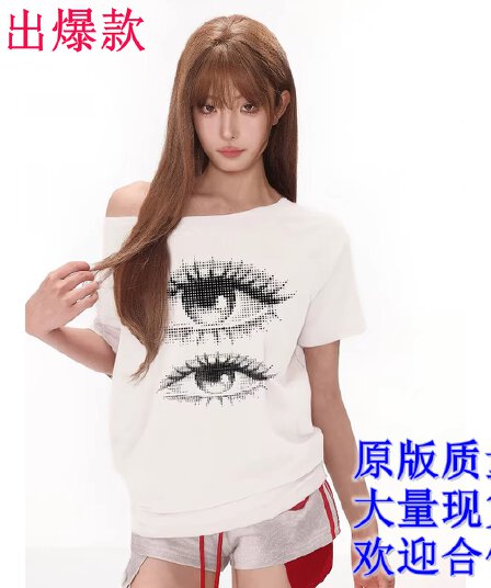 220 그램 92 면 8 암모니아 Lun 아메리칸 핫걸 비스듬한 어깨 알파벳 프린트 반팔 티셔츠 여성
