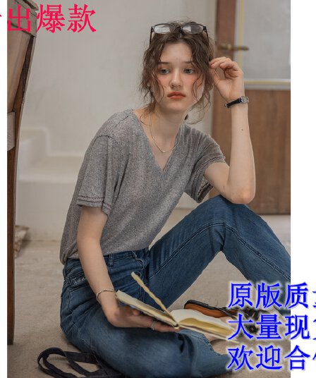 구약 성서 장미 라미 혼방 눈꽃 구덩이 질감 V넥 장미 자수 호흡 센스 반팔 티셔츠