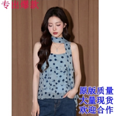批发蓝色波点挂脖吊带背心女夏多巴胺泰式独特绝美蛋糕蓬蓬娃娃衫上衣
