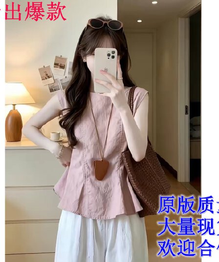 프랑스식 캐주얼 바람 핑크색 라운드 넥 셔츠 조끼 여성 여름 새로운 달콤함 연령 감소 루즈핏 슬림해 보이는 민소매 맨위