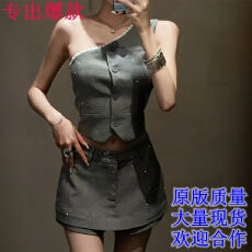 批发法式重工烫钻斜肩<b class='q'>西装</b>马甲背心高腰半身裙裤两件套女夏季辣妹套装