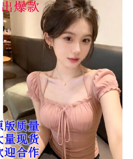 프랑스식 달콤한 미국 칼라 핑크색 반팔 티셔츠 여성 여름 아름다운 레이스업 허리 수축 슬림해 보이는 거품 소매 행침 목 맨위