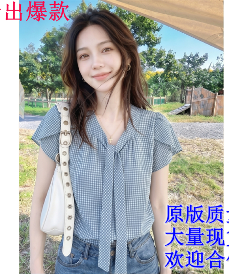 프랑스식 체크무늬 리본 디자인 센스 품격 반팔 여성 2026 여름 새로운 루즈핏 슬림해 보이는 연령 감소 맨위
