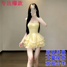 批发轻奢纯欲风黄色一字肩拼接网纱抹胸连衣裙女春季收腰显瘦绝美短裙