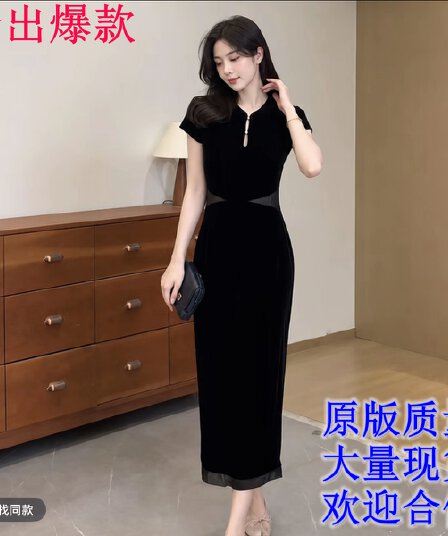 뽕나무 누에 실크 실크 벨벳 레트로 슬림해 보이는 허리 수축 반팔 품격 스탠드 칼라 디스플레이 화이트 몸매 가꾸기 드레스