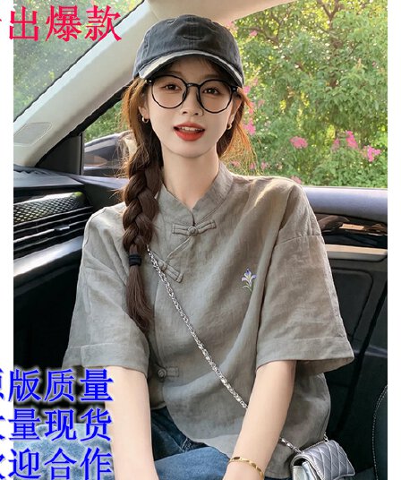 새로운 중식 국풍 고급 여성 셔츠 차 회색 붓꽃을 만발하다 면 린넨 반팔 티셔츠 여름 영 에디션 개선 당나라