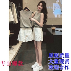 批发韩版简约无袖背心短<b class='q'>裤</b>套<b class='q'>装</b>女夏季高级感修身显瘦两件套休闲风穿搭