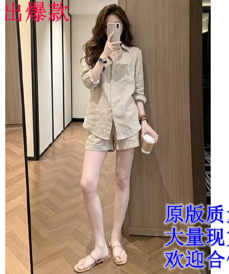 면 린넨 여성 오래된 돈 바람 착용 가져 가라. 고급 센스 세트 여름 자외선 차단 느긋한 레트로 아마 셔츠 반바지 투피스 세트