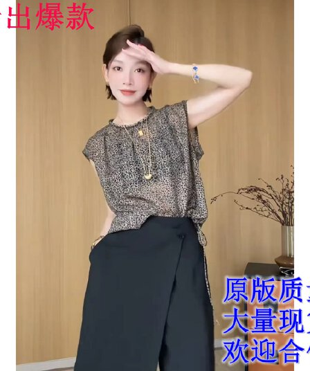 프랑스식 Chic 레오파드 무늬 반팔 시폰 셔츠 여성 여름 새로운 고유 한 외국 가스 루즈핏 슬림해 보이는 다용도 얇은 스타일 맨위