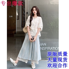 批发森系减龄镂空刺绣衬衫套装女夏季遮肉显瘦休闲蕾丝拼接裙裤两件套