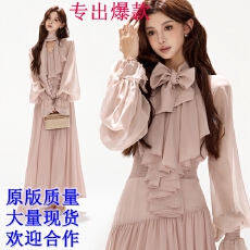批发CYNR原创设计法式<b class='q'>宫廷</b>雪纺飘带V领灯笼袖<b class='q'>连衣裙</b>量感下摆收腰长裙
