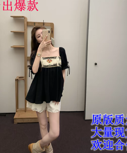 프랑스식 광장 칼라 무거운 작업 꽃무늬 자수 구슬 셔츠 자수 반바지