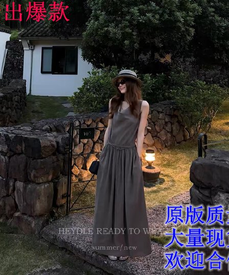 검은 콩 흠 코코아 甜酒 프랑스식 흔들다 칼라 민소매 조끼 원피스 레이스업 허리 수축 펌프 로프 중간 길이 치마