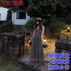 批发黑豆哼哼 可可甜酒*法式荡领无袖背心<b class='q'>连衣裙</b>系带收腰抽绳中长裙子