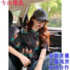 批发新中式国风黑色小唐人短袖<b class='q'>t</b><b class='q'>恤</b>女夏季斜襟盘扣改良唐装年轻版上衣