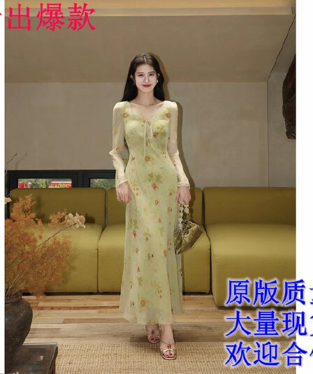 링 茜 거만한 와우 밝은 녹색 베고니아 프랑스식 쉬폰 꽃무늬 부드러운 허리 수축 슬림해 보이는 품격 레이스업 긴팔 당나라