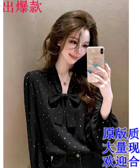 레트로 리본 나비 매듭 긴팔 여성 셔츠 봄 새로운 디자인 센스 작은 대중 루즈핏 슬림해 보이는 다용도 맨위 트렌디
