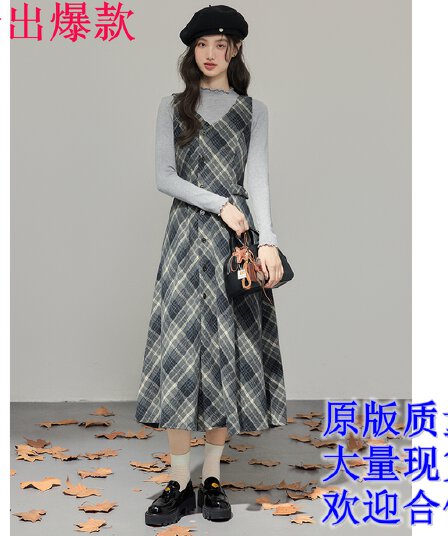 가을 겨울 학원 풍차 털 체크무늬 프랑스식 레트로 체크무늬 여성 드레스 허리 수축 슬림해 보이는 품격 a 단어 길이 치마