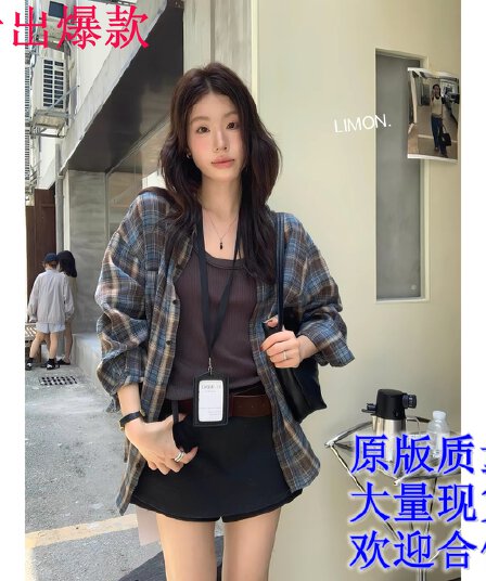 the limon 레몬 녹차 26 이른 가을 한 부서 레트로 느긋한 체크무늬 루즈핏 슬림해 보이는 셔츠 여성 셔츠