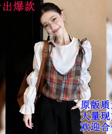 연령 감소 슬림해 보이는 부드러운 찹쌀 부드러운 바람 느슨함 센스 체크무늬 슬립 화이트 맨위 여성 2026 이른 봄 배색 작은 셔츠