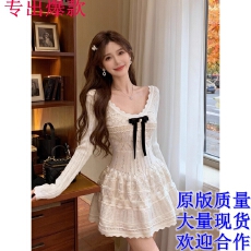 批发千金风白色长袖针织连衣裙女2026春秋新款蝴蝶结收腰优雅气质裙子