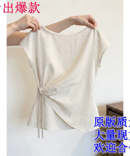 쌀 살구 색상 레이스업 면 린넨 반팔 여성 셔츠 여름 패션 연령 감소 품격 작은 대중 슈퍼 잘 생긴 아마 맨위