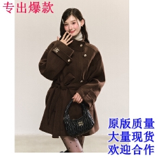 批发QDQD 复古高级感立领毛呢外套秋冬新款系带收腰显瘦气质棕色大衣