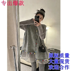 批发早春新款韩系设计感叠穿网纱拼接长袖时髦气质中<b class='q'>长款</b>宽松T恤上衣
