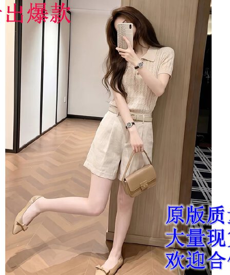 자이언트 잘 생긴 ~ 중 착용 가져 가라. 전체 집합 여름 여성 살구 색상 polo 폴로 칼라 반팔 티셔츠 캐주얼 바지 투피스 슈트
