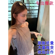 批发高级感褶皱飘带挂脖<b class='q'>无袖</b><b class='q'>背心</b>女夏季新款独特轻奢宽松薄款露肩上衣