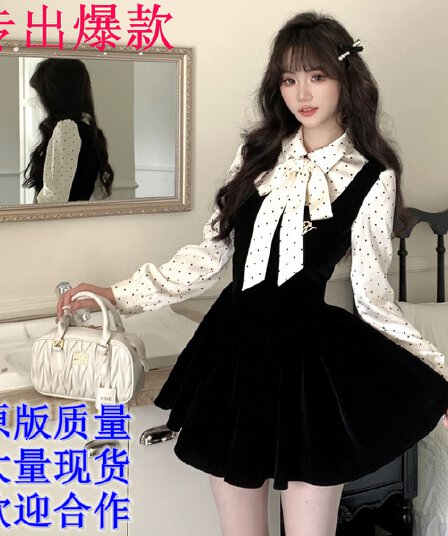 기타 한 작은 물고기 벨벳 블랙 숙련 된 프랑스식 드레스 부유 한 가족 천 골드 고급 센스 가을 도트 무늬 페이크 레이어드 치마