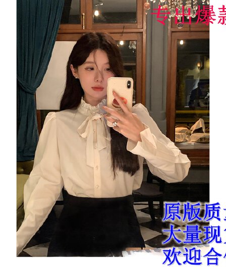 vasse 화이트 레트로 나비 매듭 스탠드 칼라 여성 셔츠 가을 작은 키 디자인 센스 긴팔 Chic 긴팔 맨위