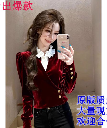 2026 가을 새로운 고급 센스 빨간색 페이크 레이어드 외국 가스 꼬집기 허리 긴팔 셔츠