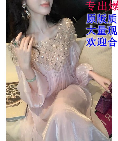 syqiao 우아한 조 별빛 착륙 무거운 작업 비즈 박기 스팽글 벌룬 소매 드레스