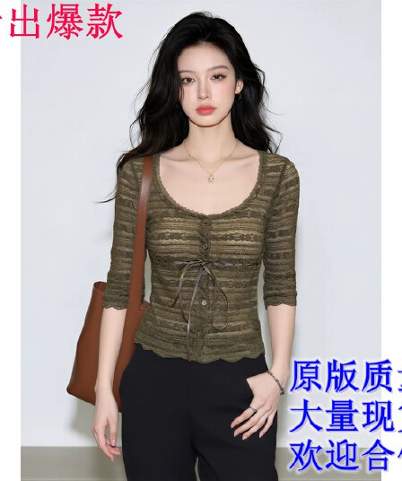 프랑스식 녹색 레이스업 몸매 가꾸기 레이스 티셔츠 여성 2026 새로운 여름 고유 한 자이언트 잘 생긴 사소한 아름다운 맨위