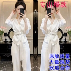 批发2026春季网红新款<b class='q'>职业</b>西服套装女法式交叉V领绑带显瘦外套+阔腿裤