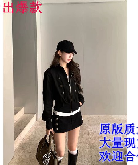 hrg 레트로 핫걸 쇼트 스타일 스탠드 칼라 이중 버튼 허리 수축 짧은 외투 쇼트 스타일 바지 세트
